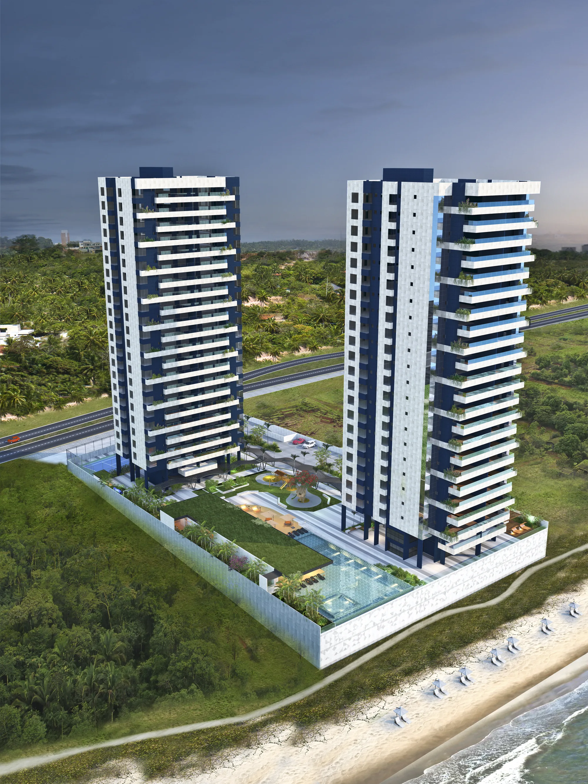 Vista aérea do Ville de France beira-mar em Guaxuma, com piscina, lazer e a faixa de areia de Maceió