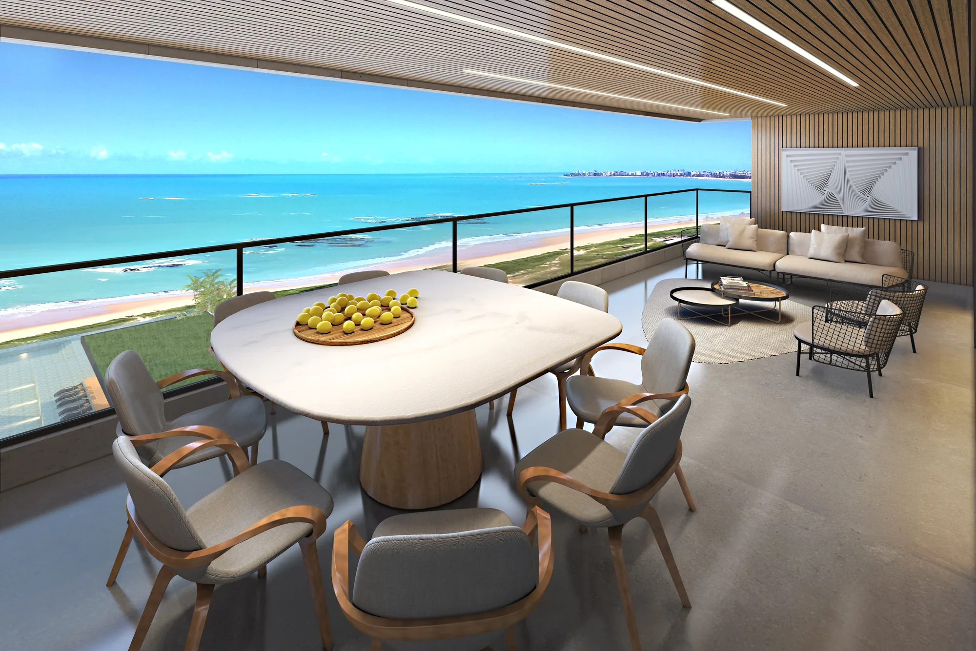 Varanda gourmet da Torre Marseille com vista para o mar de Guaxuma