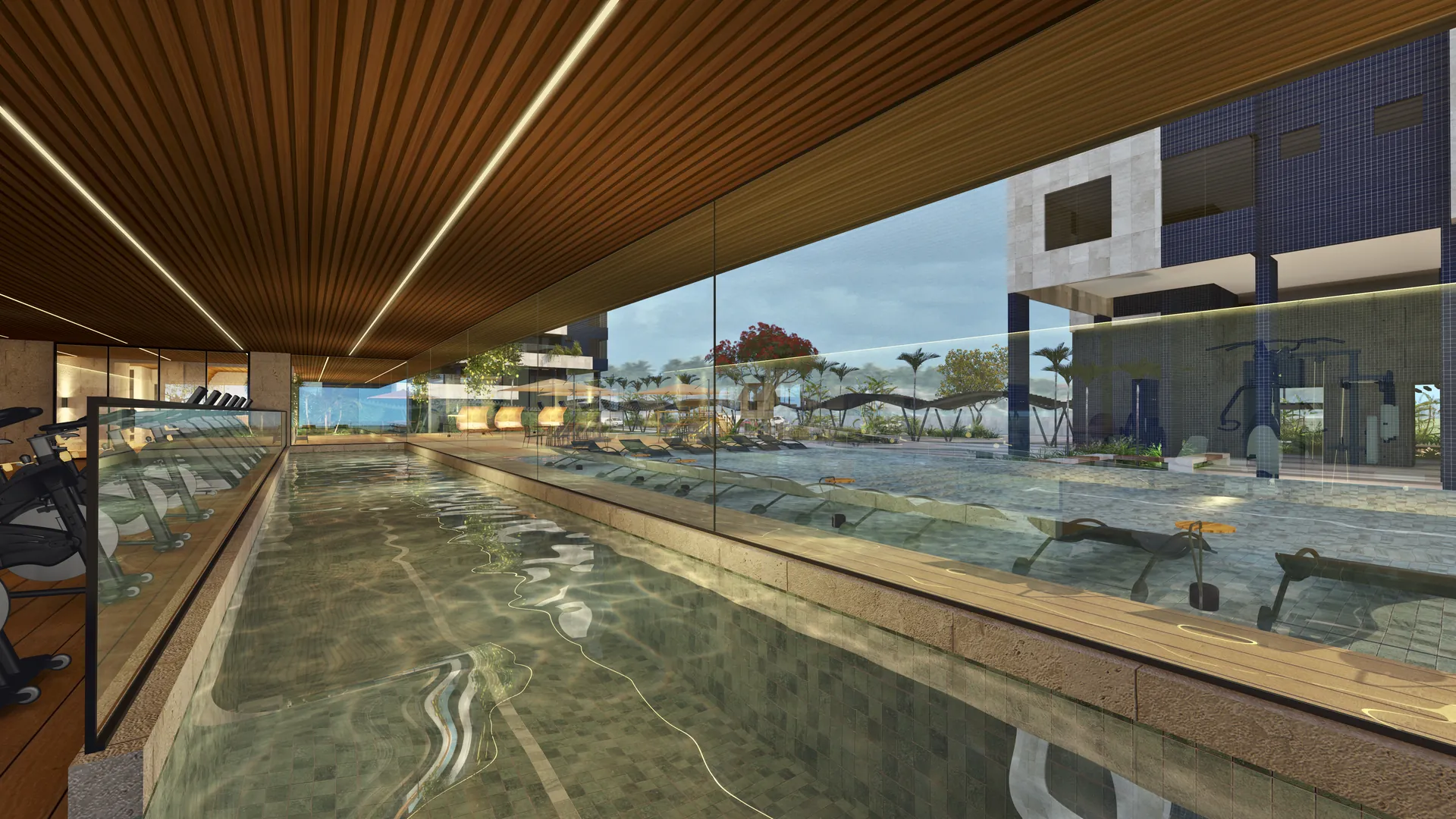 Piscina coberta integrada ao fitness